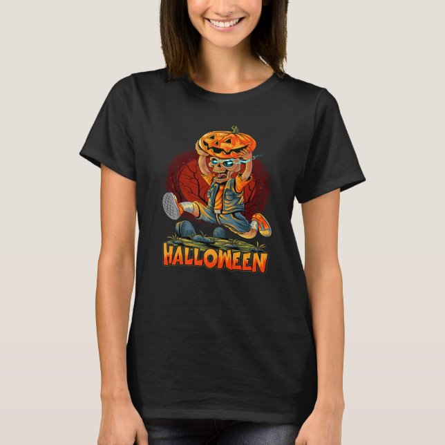 Cute Halloween Zombies Running With Pumpkin Trick  T-Shirt (Front)