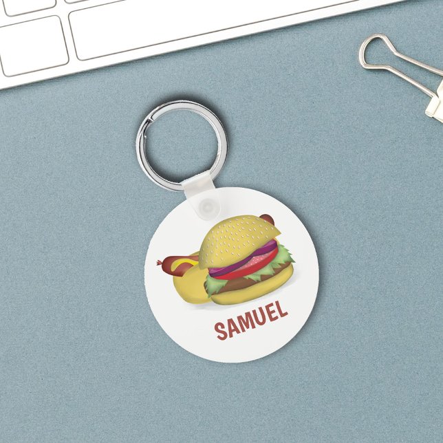 Cute Hamburger Hotdog Personalized  Key Ring (Hamburger and hotdog custom keychain)
