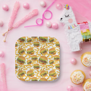 cute hamburgers and fries tiled party  paper plate