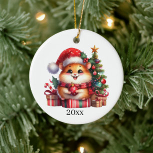 Cute Hamster add date and message Christmas Ceramic Ornament
