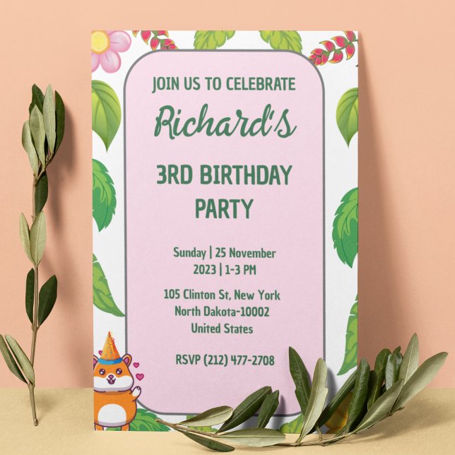 Cute Hamster Botanical Themed Kid's Birthday Party Invitation (Creator Uploaded)