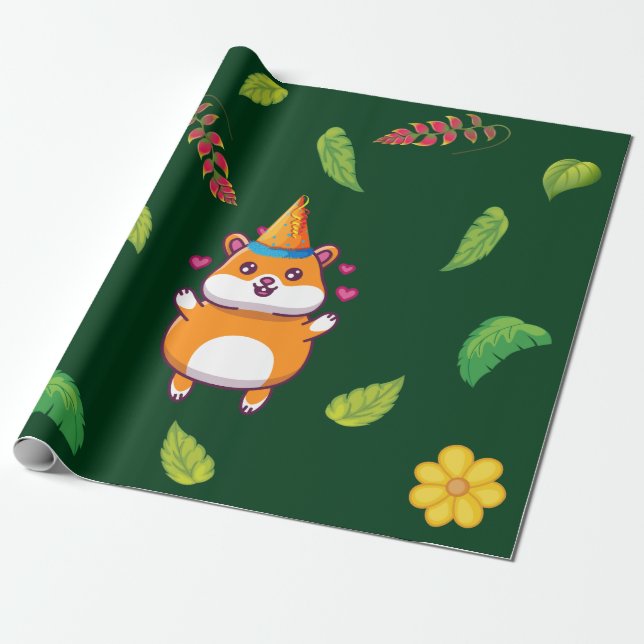 Cute Hamster Botanical Themed Kid's Birthday Party Wrapping Paper (Unrolled)