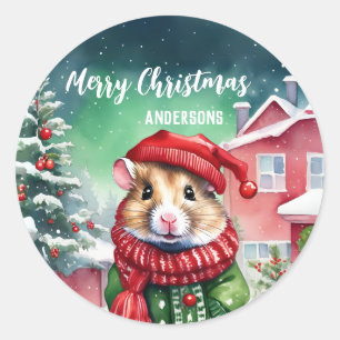 Cute Hamster Christmas tree birthday snow party Classic Round Sticker