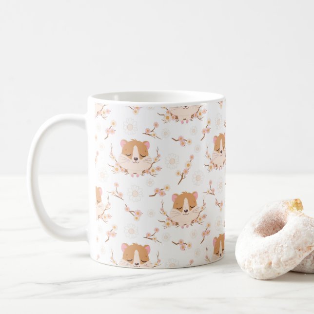 Cute Hamster Face and Pink Flowers Pattern Coffee Mug (With Donut)