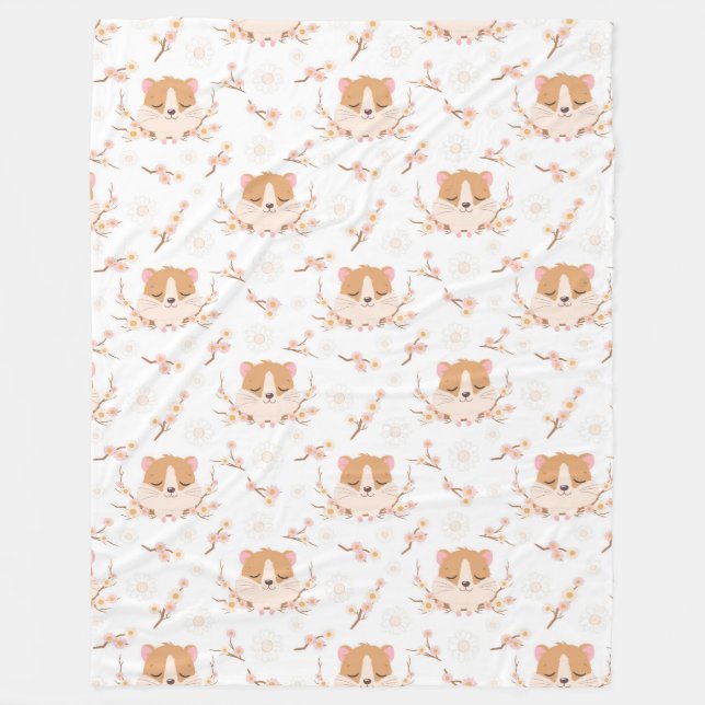 Cute Hamster Face and Pink Flowers Pattern Fleece Blanket (Front)