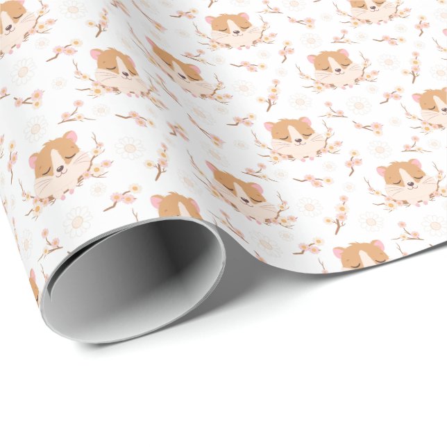 Cute Hamster Face and Pink Flowers Pattern Wrapping Paper (Roll Corner)
