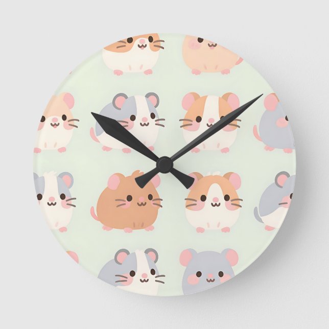 Cute Hamster Faces Kawaii Pastel Pattern Round Clock (Front)