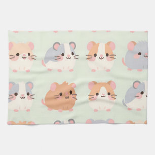 Cute Hamster Faces Kawaii Pastel Pattern Tea Towel