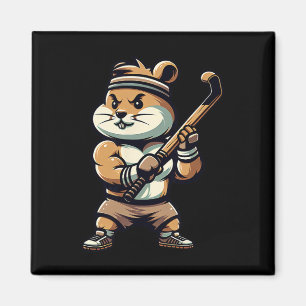 Cute Hamster Field Hockey Mascot Athlete Cartoon Magnet