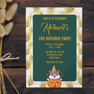Cute Hamster Green Themed Kid's Birthday Party Invitation