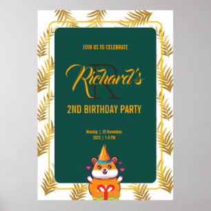 Cute Hamster Green Themed Kid's Birthday Party Poster