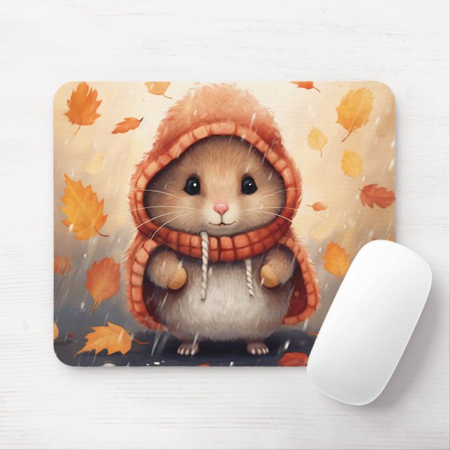 Cute Hamster in Autumn Scenery Whimsical Fall Mouse Pad (With Mouse)