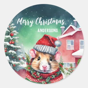 Cute Hamster rat Christmas birthday snow party Classic Round Sticker