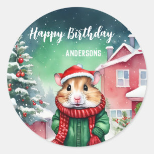 Cute Hamster rat Santa Christmas birthday party Classic Round Sticker