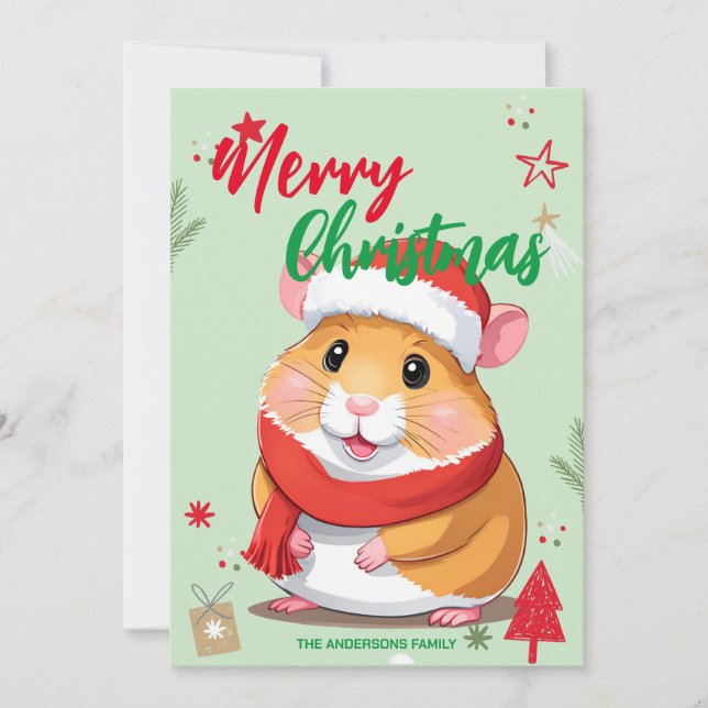 Cute Hamster santa Christmas Holiday Family name Card (Front)