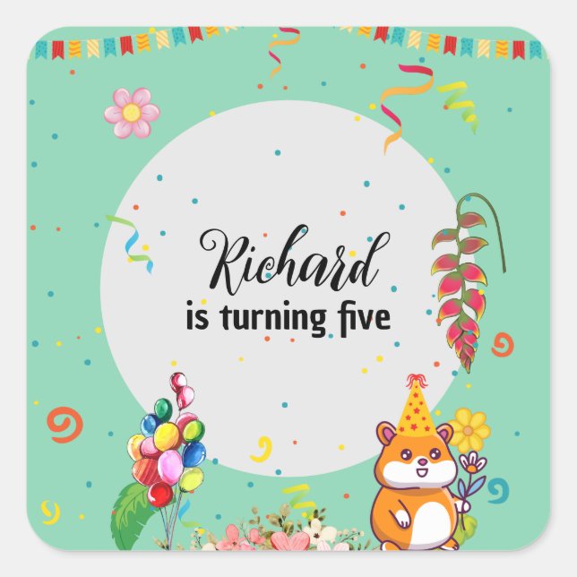 Cute Hamster Themed Kid's Birthday Party Square Sticker (Front)