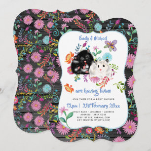 Cute Hamster TWINS Baby Shower Invites Folk Flower