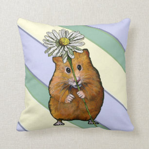 Cute Hamster With Big Daisy Flower, Stripes, Art Cushion