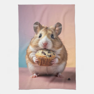 Cute Hamster With Chocolate Chip Muffin Pastel  Tea Towel