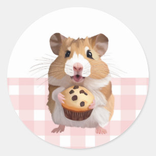 Cute Hamster With Muffin Pink Gingham Check Classic Round Sticker