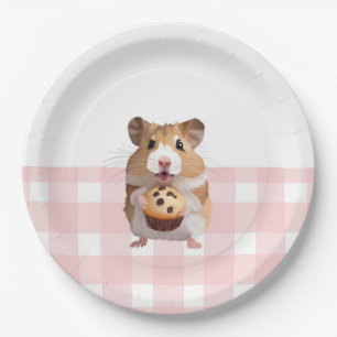 Cute Hamster With Muffin Pink Gingham Check Paper Plate