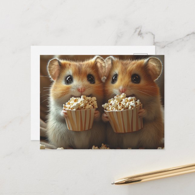 Cute Hamsters With Popcorn Postcard (Front/Back In Situ)