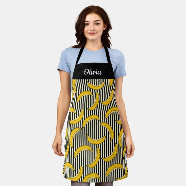 Cute Hand drawn Banana, Custom Text Apron (Worn)