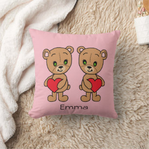Cute, hand-drawn bear with two hearts cushion