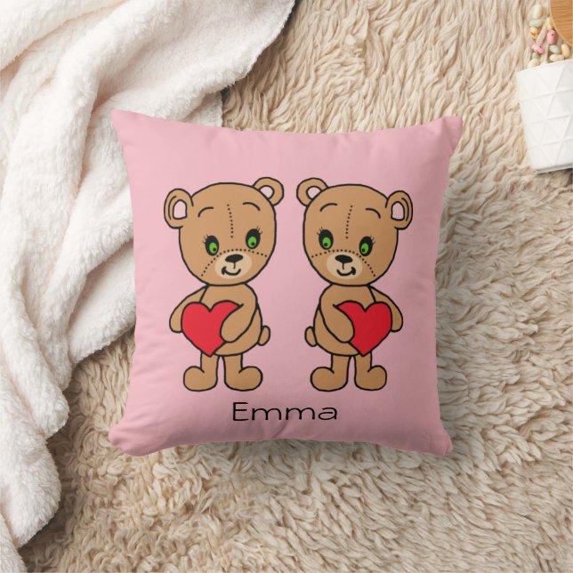 Cute, hand-drawn bear with two hearts cushion (Blanket)