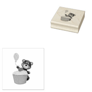 Cute Hand Drawn Brown Bear with Balloon & Cupcake Rubber Stamp