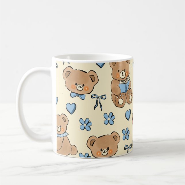 Cute Hand-drawn Brown Teddy Bears Seamless Pattern Coffee Mug (Left)