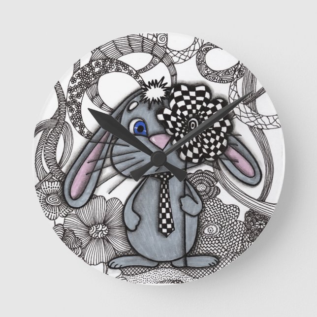 Cute Hand-Drawn Bunny Rabbit Zen Doodle Wall Clock (Front)