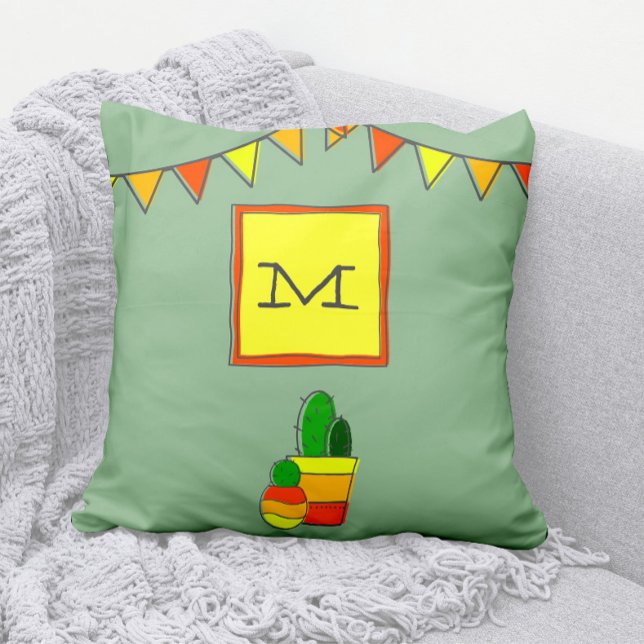 Cute Hand-Drawn Cactus + Monogram Festive Fiesta Cushion (Fun Fiesta Green, Yellow, Red, and Orange Modern Monogram  Throw Pillow)