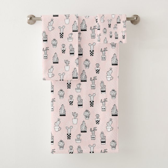 Cute Hand Drawn Cactus Pattern Bath Towel Set (Insitu)