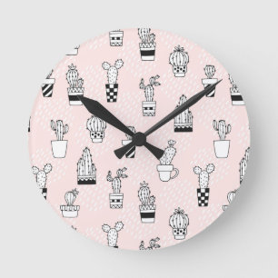 Cute Hand Drawn Cactus Pattern Round Clock