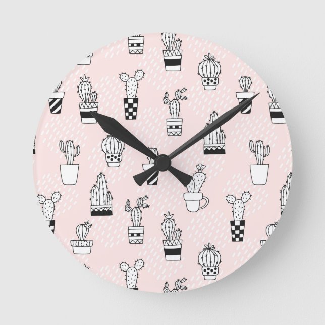 Cute Hand Drawn Cactus Pattern Round Clock (Front)