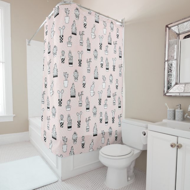 Cute Hand Drawn Cactus Pattern Shower Curtain (In Situ)