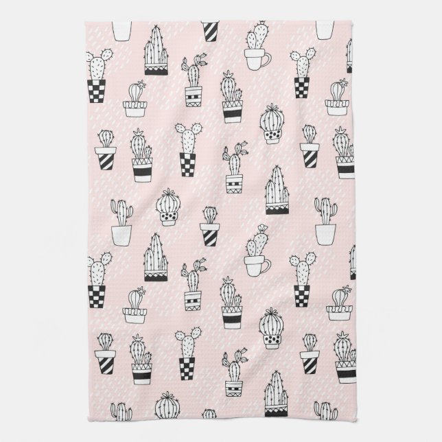 Cute Hand Drawn Cactus Pattern Tea Towel (Vertical)