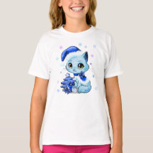 Cute Hand Drawn Christmas Cat Girl's T-shirt