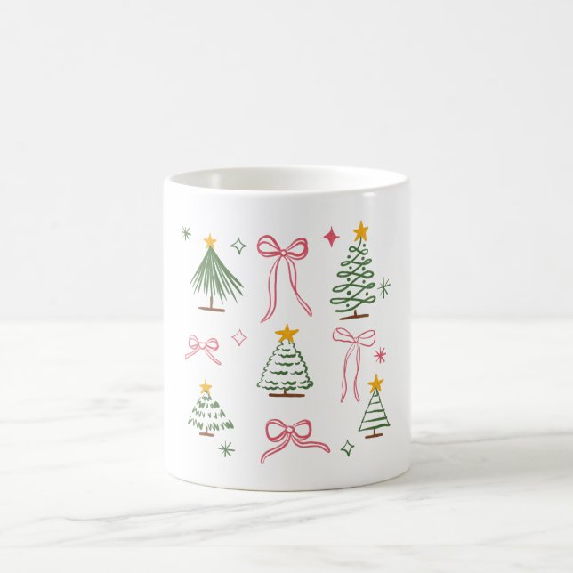 Cute Hand Drawn Christmas Trees and Bows Pattern Coffee Mug (Center)