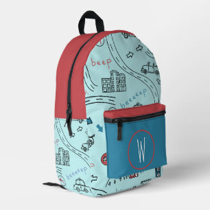Cute Hand-Drawn City Traffic Cars Monogram Kids Ba Printed Backpack