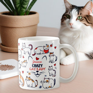 Cute hand-drawn colourful crazy cat lady coffee mug