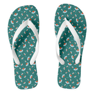 Cute Hand Drawn Daisy Floral Pattern on Jade Green Thongs