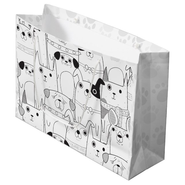 Cute Hand Drawn Dogs and Cats Large Gift Bag (Front Angled)
