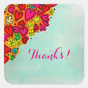 Cute Hand Drawn Doodle Hearts and Flowers Thanks Square Sticker