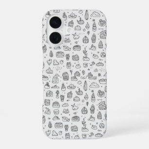 Cute hand-drawn doodles in black and white iPhone 16 case