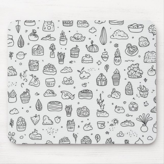 Cute hand-drawn doodles in black and white mouse pad (Front)