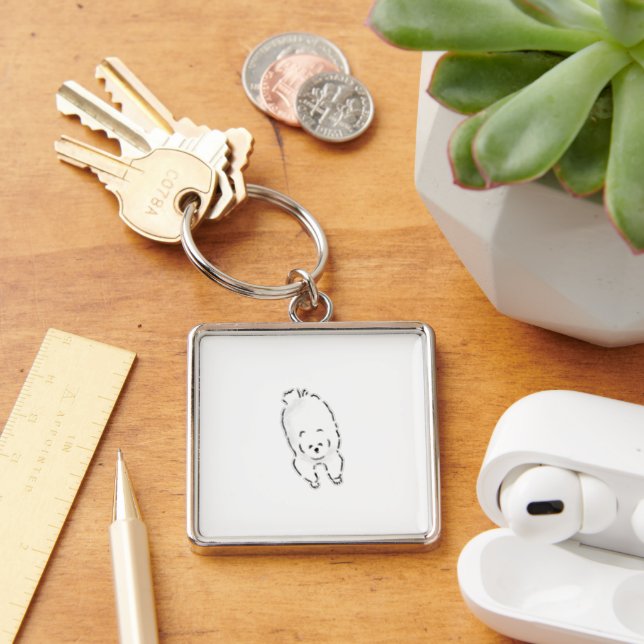 Cute Hand Drawn Fluffy White Dog Lying Down Key Ring (Desk)