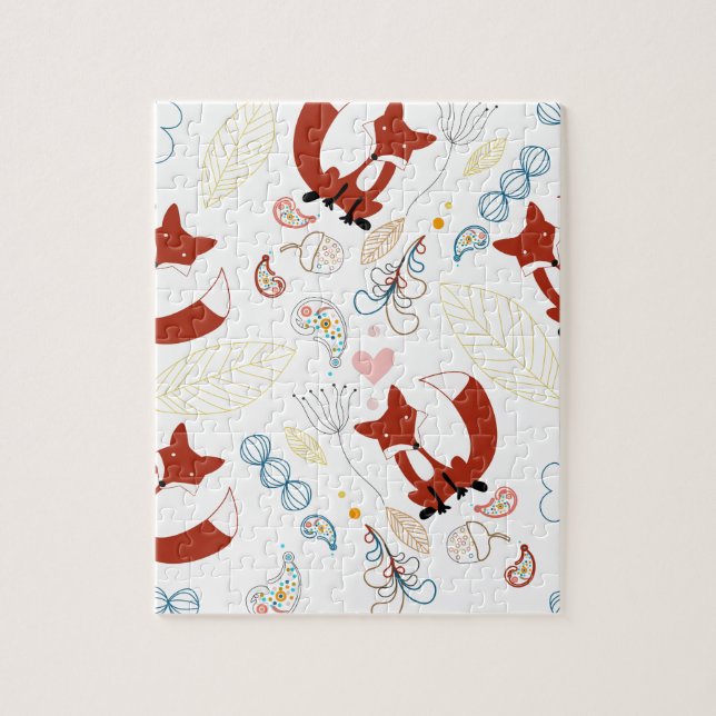 Cute Hand Drawn Fox Hearts in Yellow Blue Pink Jigsaw Puzzle (Vertical)