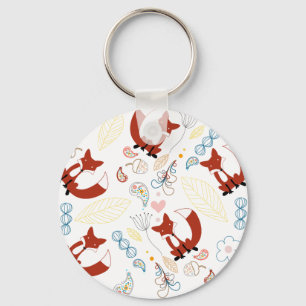 Cute Hand Drawn Fox Hearts in Yellow Blue Pink Key Ring